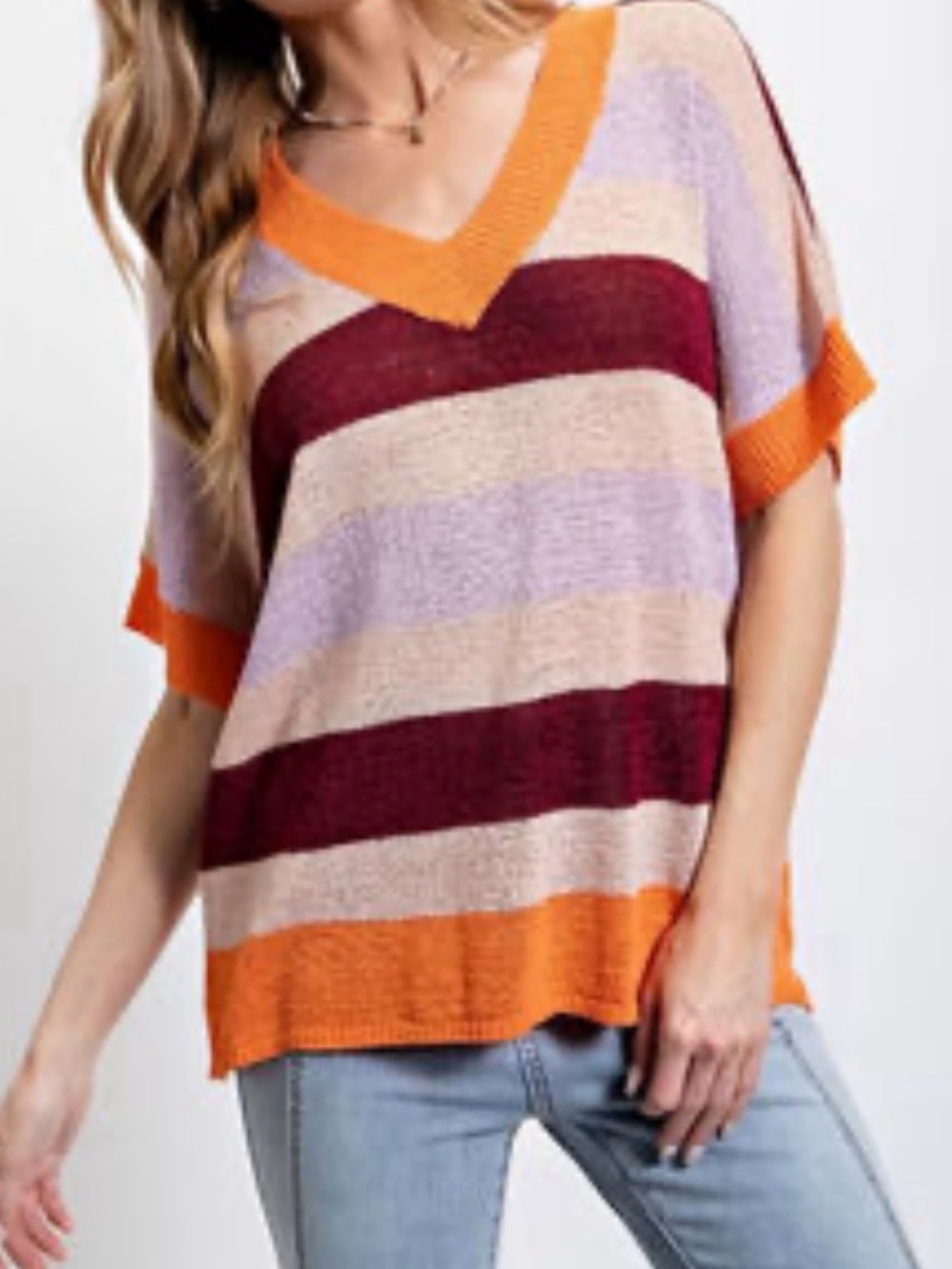#1420 Striped Oversized, Light Weight, V-Neck Sweater in Orange, Burgundy & Lila